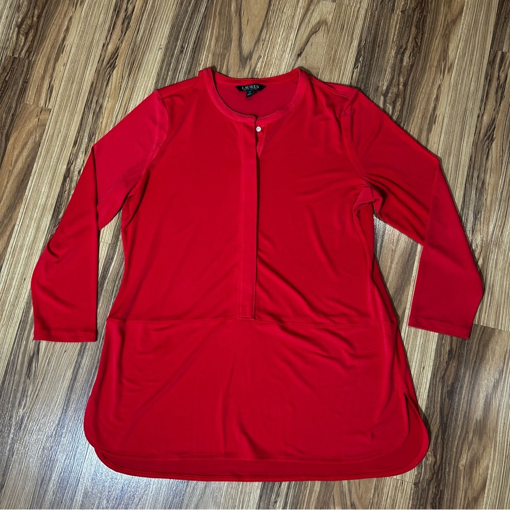 Lauren Ralph Blouse Women XL Red Orange Tunic Henley 3/4 Sleeve Hidden Button